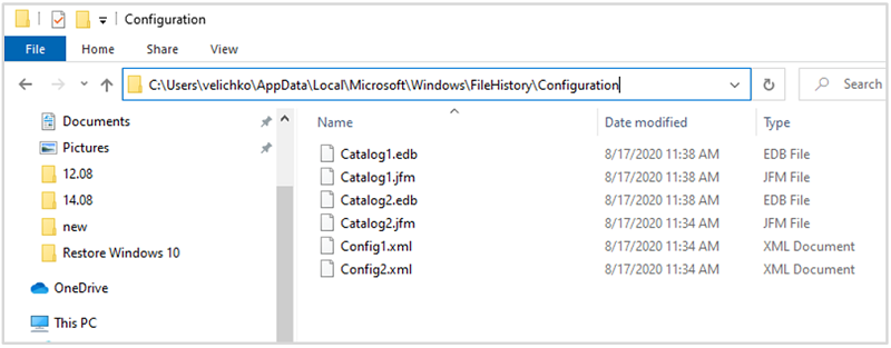 Reset file history on windows - go to Configuration folder