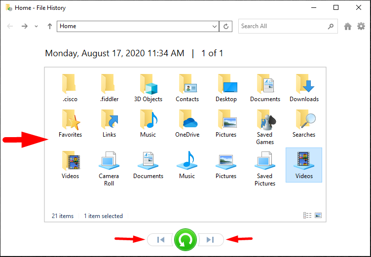 Restore Windows 10 - call for the file history folder