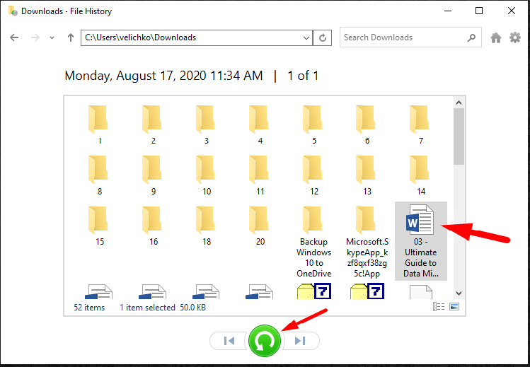 Restore Windows 10 - choose the folder of file you want to restore