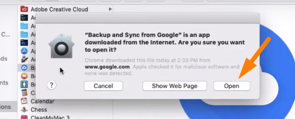 Backup Mac to Google Drive - click Open