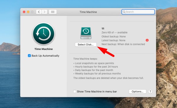 Backup Mac with time Machine - select Disk