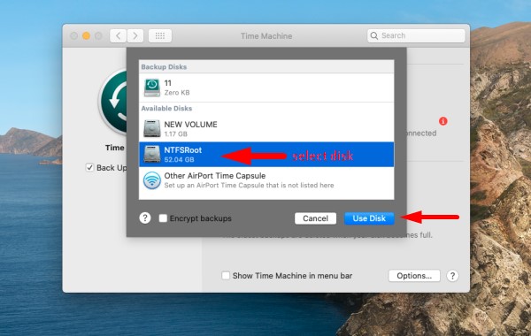 Backup Mac with time Machine - select Disk step 2