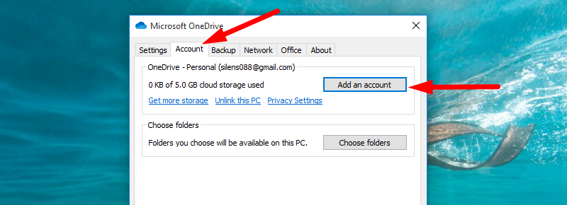 Back up Windows to OneDrive - Choose Add an account
