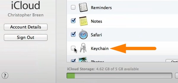 Backup keychain in iCloud - select keychain